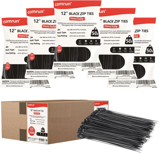 5000pcs 12Inch Black Cable Tie,Nylon Zip Ties,Industrial Grade,50 Pounds Tensile Strength,UV Resistant,Heavy Duty,for Home,Garden Trellis,Office,Garage and Workshop