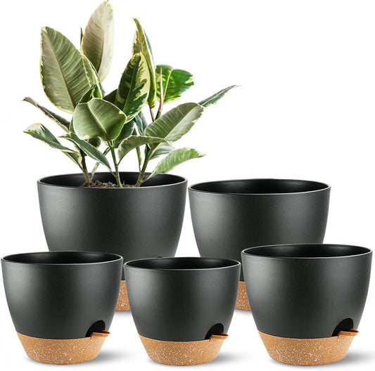 Self Watering Plants Pot with Drainage Hole, Flower Plants Pots for Indoor & Outdoor, Black Plastic Self Watering Planters Succulent Pot 5pcs/Set