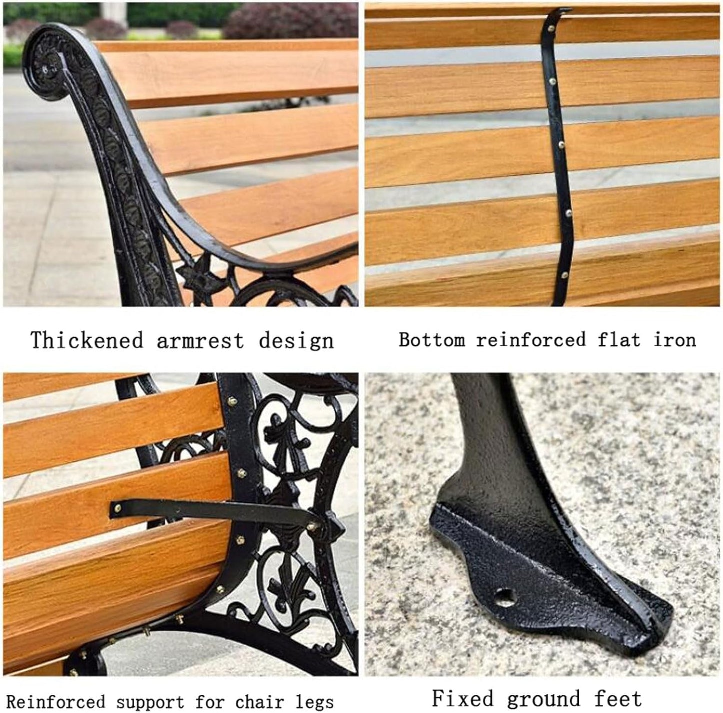 Outdoor Bench, Porch Bench, Garden Park Bench, Cast Aluminum Preservative Wood Bench with Backrest and Armrests for 2-3 People Porch/Deck/Patio Furniture(Brown+Black Legs,125CM)
