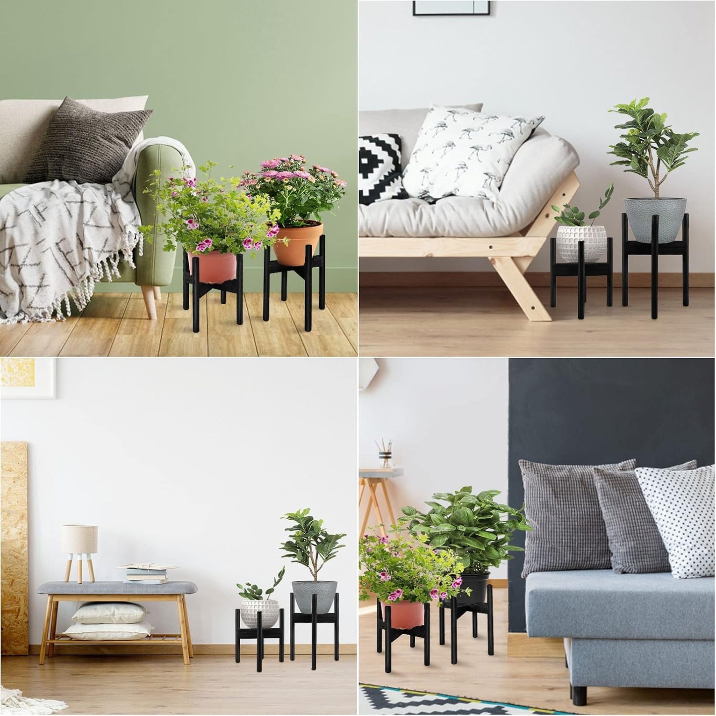 FJO 2Pcs Adjustable Plant Stand Indoor - Bamboo Plant Stands, Bamboo Mid Century Modern Plants Stands, Plant Holder for Living Room Fits 8 to 12 Inches Pots(Pot & Plant Not Included) (Black)