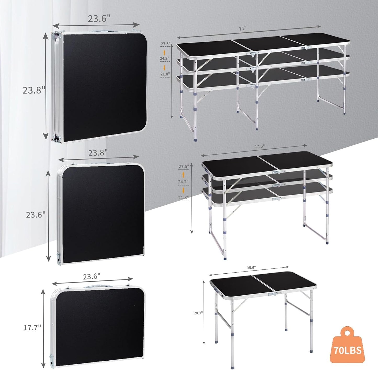 4.0 Ft Folding Portable Camping Table with Three Adjustable Heights, RV Tables for Inside a Camper, Outdoor, BBQ, Dining, Picnic, Cooking, Beach, Garden, Black