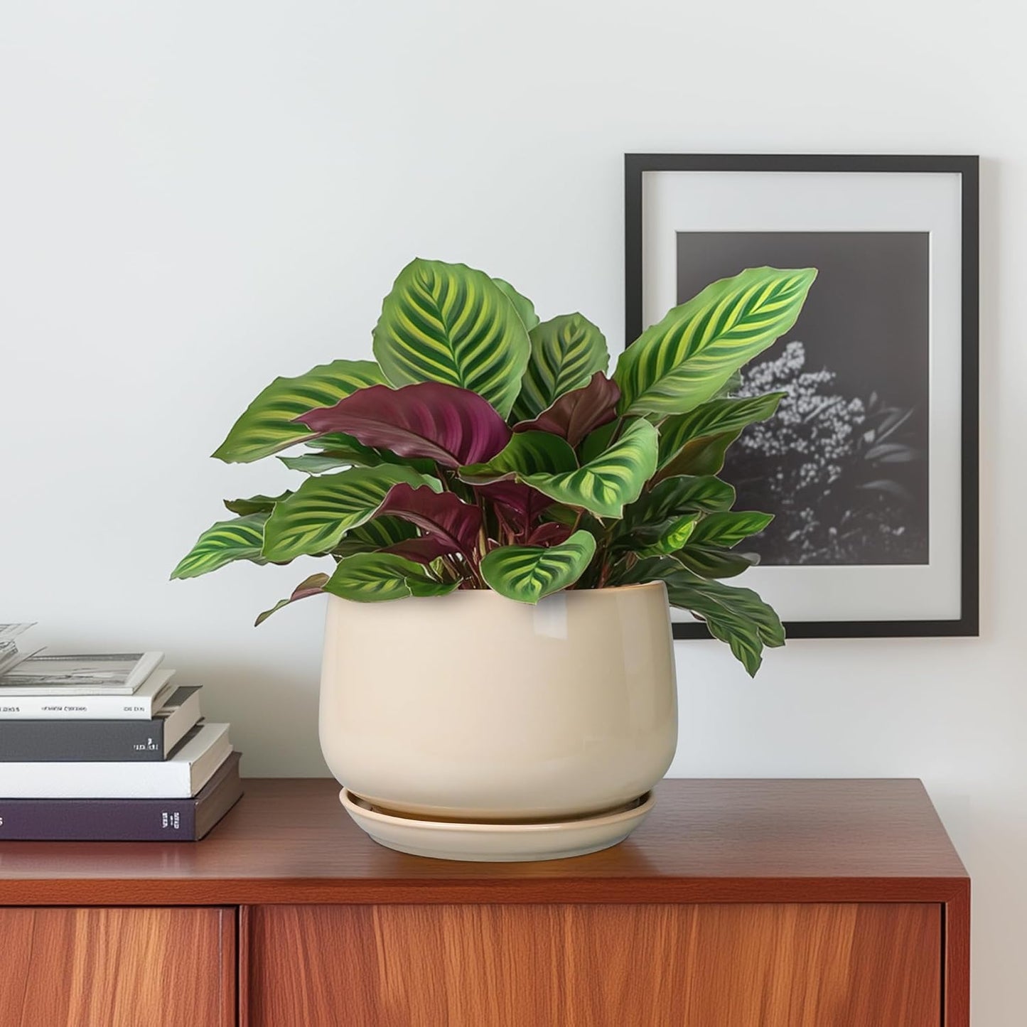 G EPGardening Ceramic Pot for Plants - 6 Inch Planter with Drainage and Ceramic Saucer, Flower Pots for Indoor Plants, Modern Outdoor Planter, Home Decor, Gift for Women Men, Beige