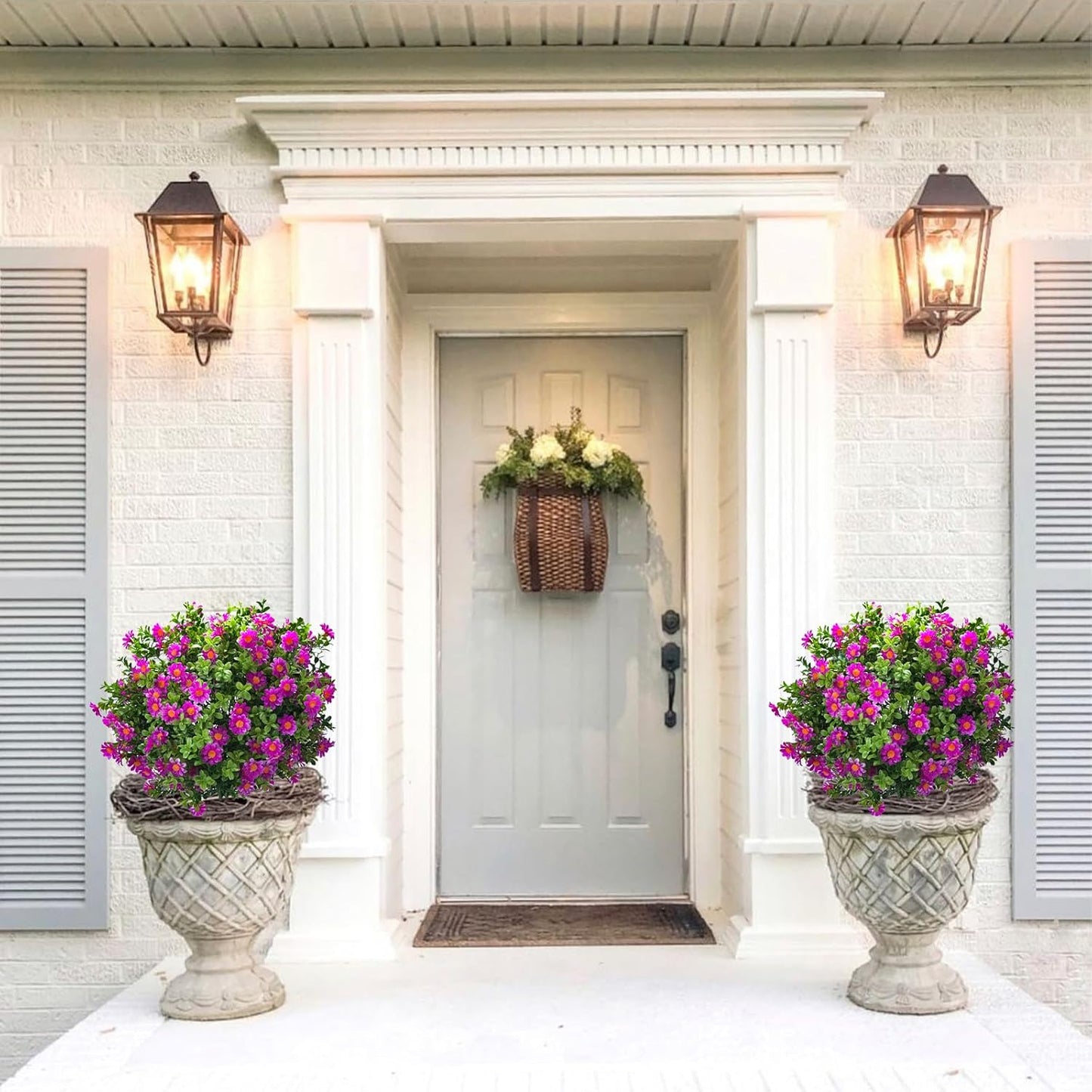 23.6" Artificial Boxwood Topiary Ball Trees with Purple Flowers, Set of 2 UV Resistant No Fade Outdoor Faux Plants with Ground Spike, Fake Shrubs for Garden, Patio, Porch, Yard, Indoor Decor