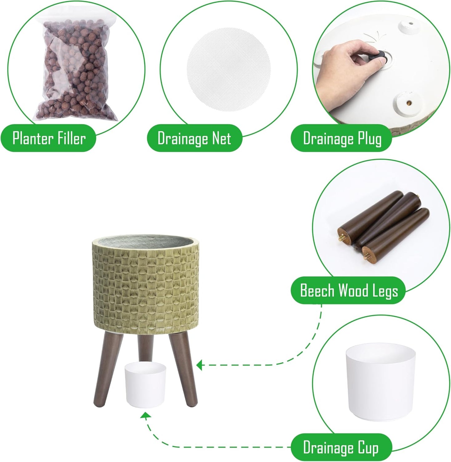 D'vine Dev 8 Inch Modern Geometric Tile Patterned Sleek Planter Pot with Stand, Indoor Outdoor Decorative Plant Holder, Distressed Olive, 88-Z-A-4