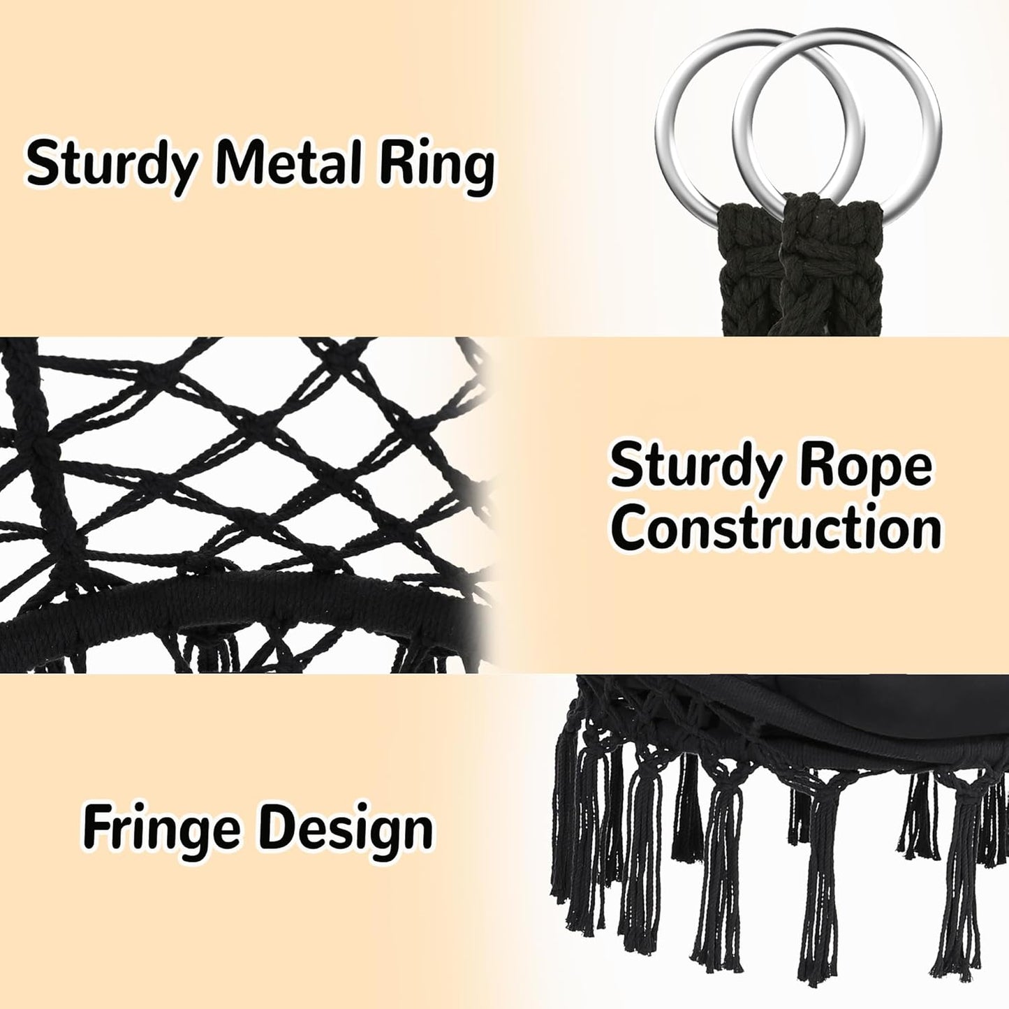 Macrame Hammock Hanging Swinging Chair with Oversized Cushion, Perfect for Bedroom, Porch, Kids, Adults, Balcony, Black