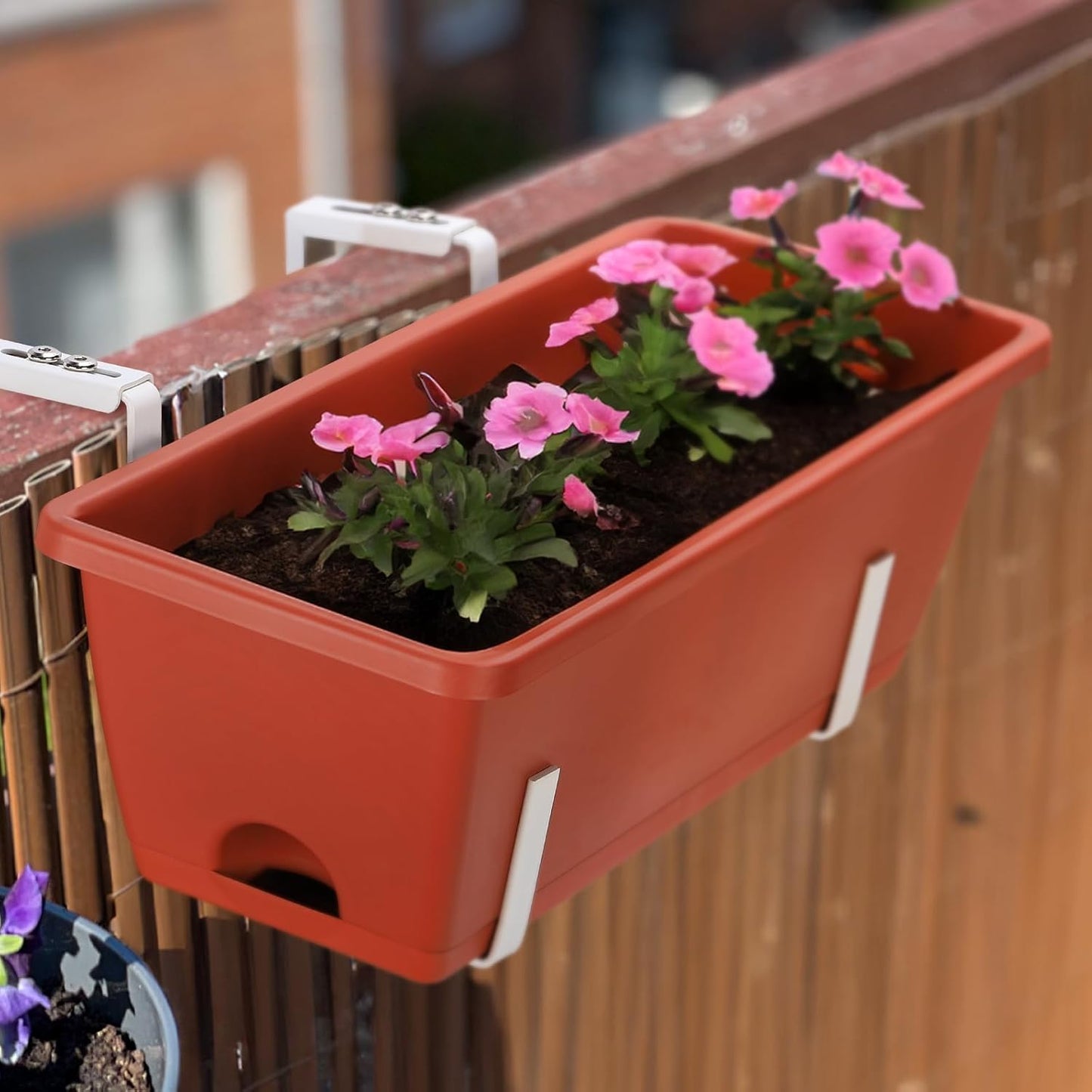 Deck Railing Planter Boxes, 6 Pack Deck Hanging Planters for Railing, 16.9 Inch Balcony Planters Railing Hanging, Railing Hanging Planter, Red and White