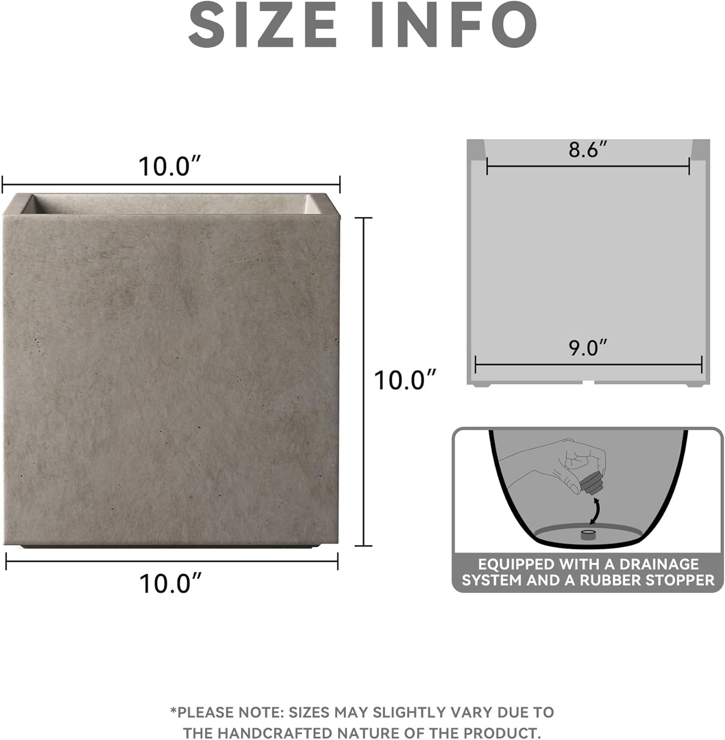 Kante 10 Inch Square Concrete Planter for Outdoor Indoor Home Patio Garden, Large Plant Pot with Drainage Hole and Rubber Plug, Weathered Concrete