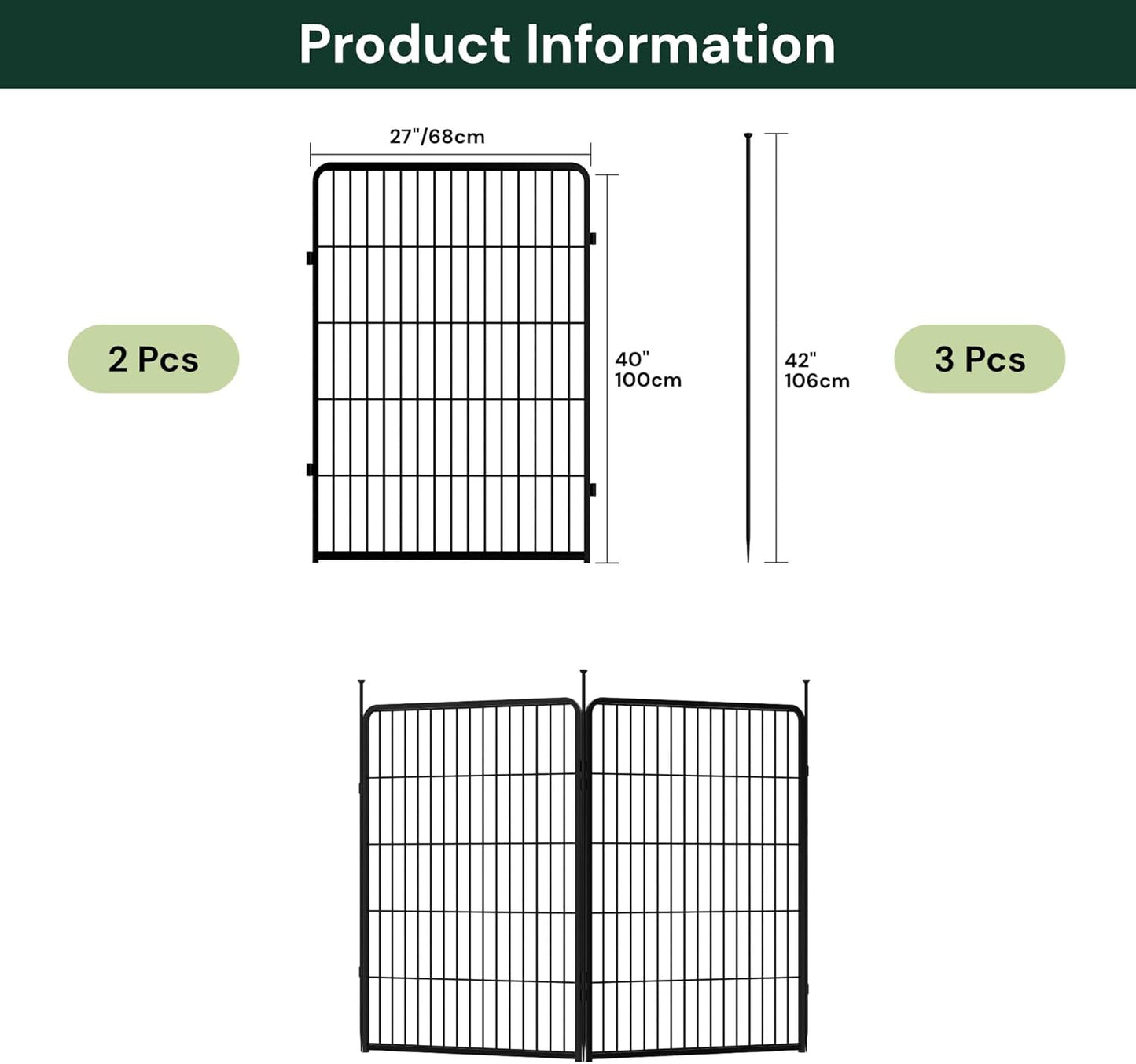 Doorless Garden Fence 40 in(H) x 4.5 ft(L) 2 Panels, Heavy Duty Metal Animal Barrier Fence, No Dig Fence for Dogs, Rabbit Fence for Garden, Black