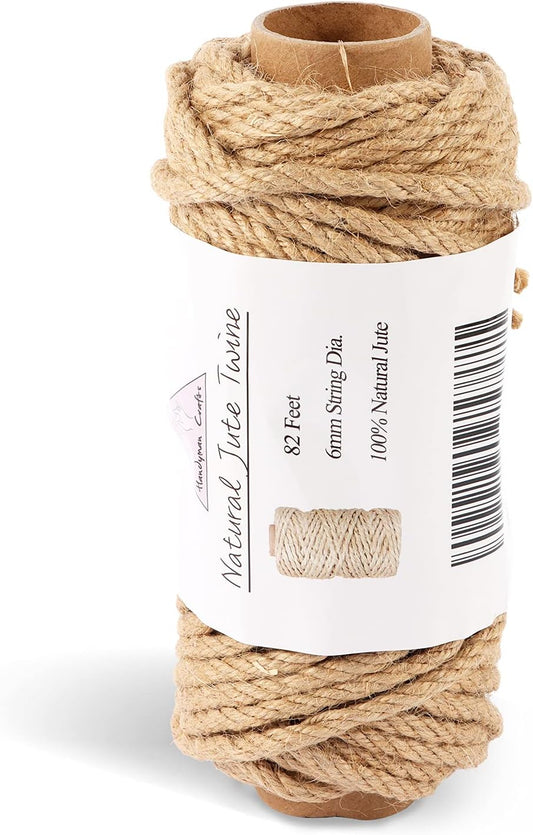 Natural Jute Twine Rope (1.5mm/2mm/3mm/6mm) Durable String for Handmde Crafts,Gardening Applications,Home Gardening,Cat Scratching Post,Gift Packaging... (6mm*82ft)