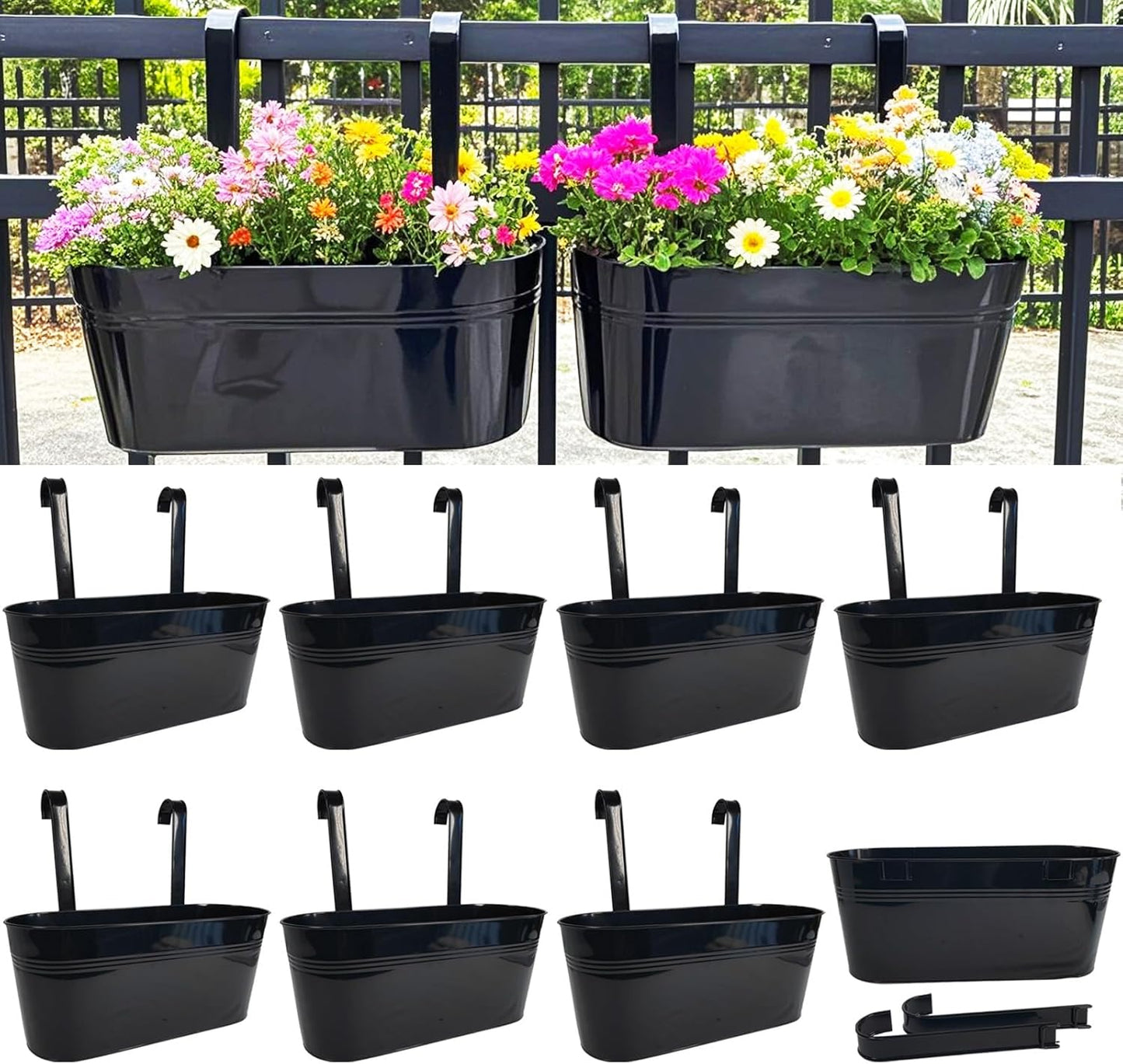 Hanging Planters for Outdoor Plants, 17" Railing Planter Pots, Metal Fence Flower Pot for Porch Balcony with Detachable Hookt (Black, Pack of 8)