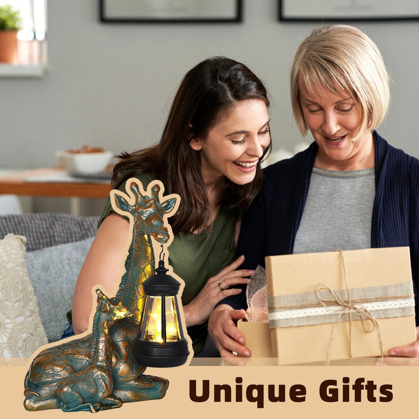 Solar Garden Decor - Mother Baby Giraffe Statue with Solar Lantern 9.7" Resin Giraffe Figurine Outdoor Patio Yard Porch Decor Gifts for Mom Grandma Women Gardeners