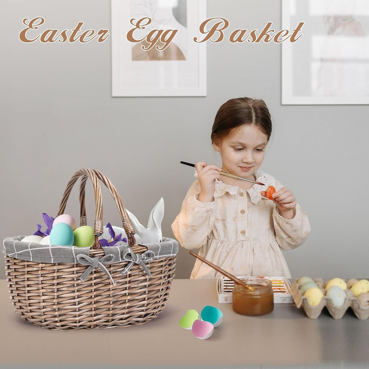 G GOOD GAIN Oval Picnic Basket with Folding Handles, Willow Hand Woven Shopping Basket, Bath Toy Kids Toy Storage Gift Packing Basket, Wicker Empty Easter Eggs and Candy Small Gift Basket.GreyCheck