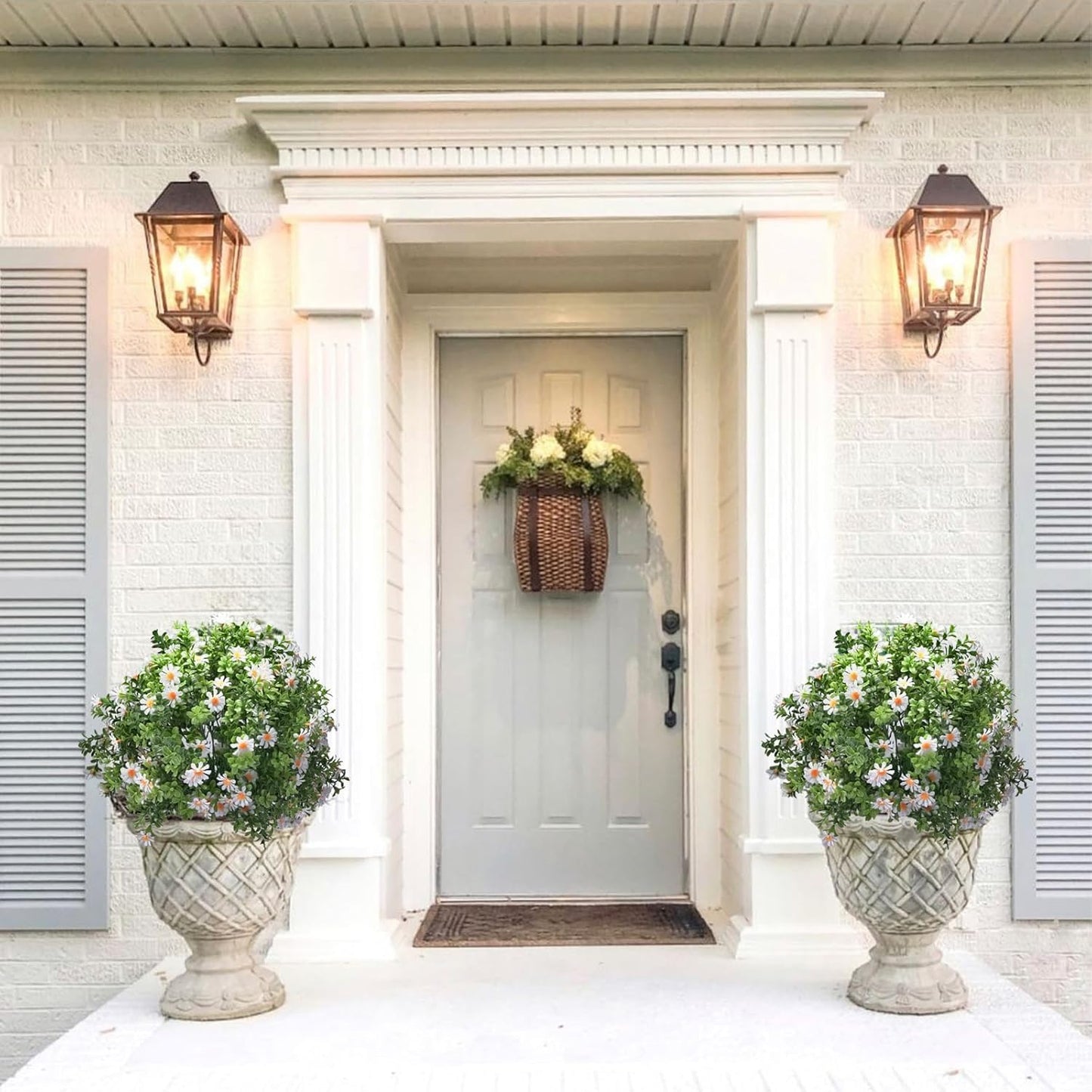 23.6" Artificial Boxwood Topiary Ball Trees with White Flowers, Set of 2 UV Resistant No Fade Outdoor Faux Plants with Ground Spike, Fake Shrubs for Garden, Patio, Porch, Yard, Indoor Decor