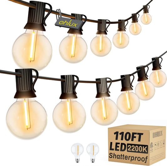 OHLUX Outdoor String Lights,110FT Dimmable Patio Lights with 58 G40 Shatterproof 2200K LED Edison Bulbs(2 Spare),Waterproof Hanging for Outside Backyard,Cafe,Porch,Deck,Porch