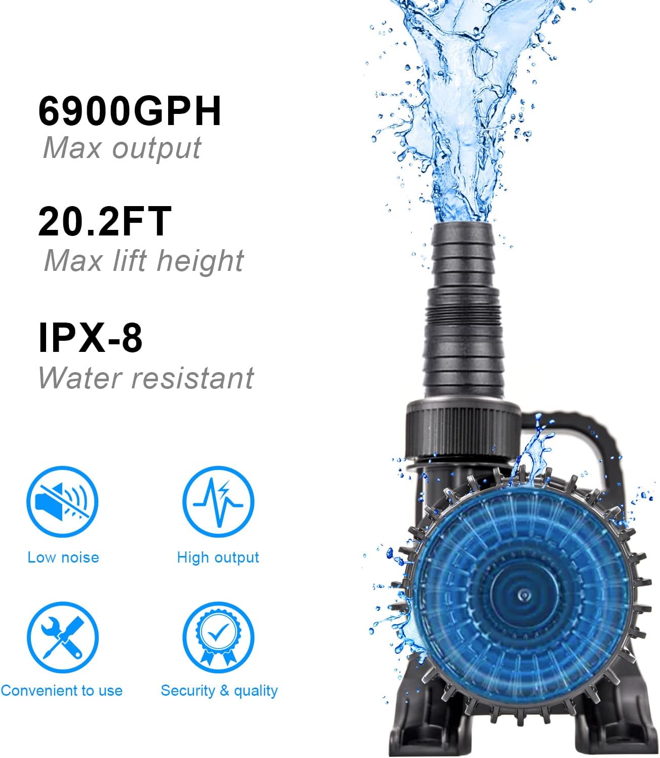 OYO WATER Outdoor Large 6900gph-320W 32.8FT Pond Water-fall & Kio Fish Fountain-s & Garden Pump Submersible IPX8: Long 32.8FT Cord Smart-er & Quieter Duck & Yard&Patio Ponds Pumps, 1 Barrier Pump Bag