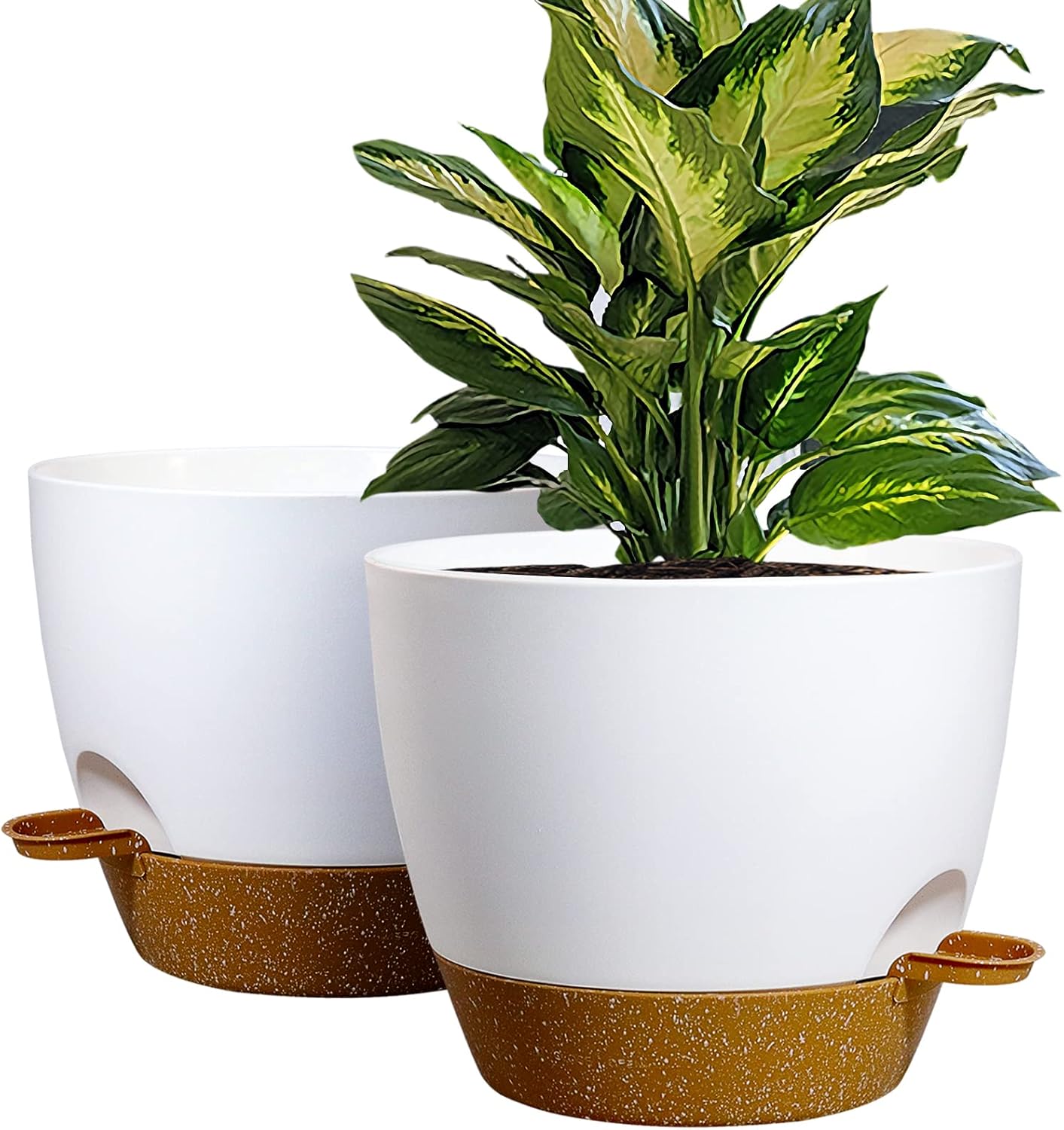 WOUSIWER 10 inch Self Watering Planters, 2 Pack Large Plastic Plant Pots with Deep Reservior and High Drainage Holes for Indoor Outdoor Plants and Flowers, White with Terracotta