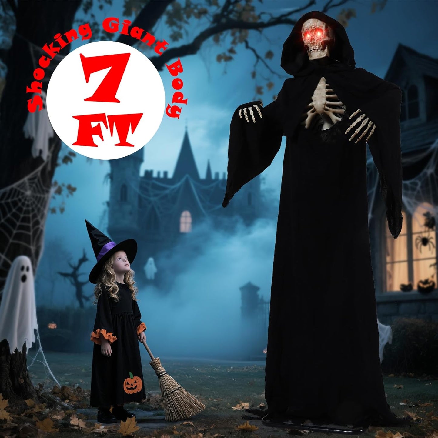 Quntis Halloween Talking Animatronics Outdoor Decoration - 7FT Tall Scary Animated Grim Reaper with Lighted Red Eyes Sound & Touch Activated - Creepy Poseable Skeleton Halloween Graveyard Decor Props