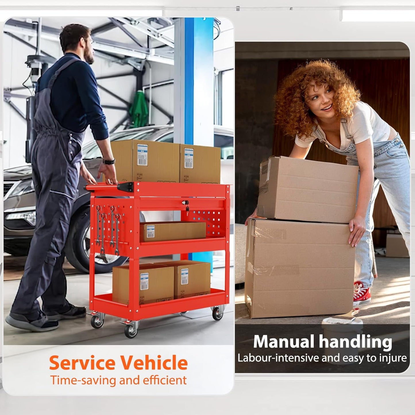 3-Tier Heavy Duty Utility Cart on Wheels, Rolling Tool Cart on Wheels with a Drawer, 350 Lbs Load Capacity Rolling Tool Storage Organizer for Garage, Warehouse and Repair Shop(Red)