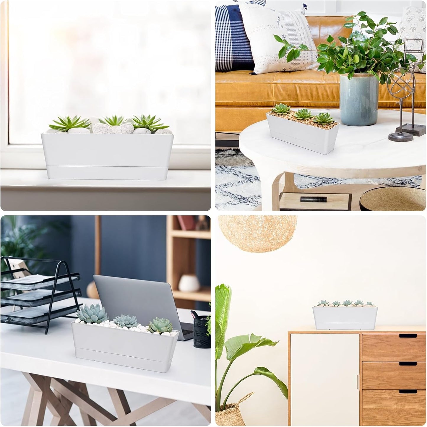 GREANER Flower Boxes, 3 Pack 12x3.8 Inch Rectangle Window Boxes, Herb Planters with Tray, Indoor Succulent Cactus Flowers Plastic Drawable Pot for Windowsill, Garden, Balcony, Office Outdoor (White)