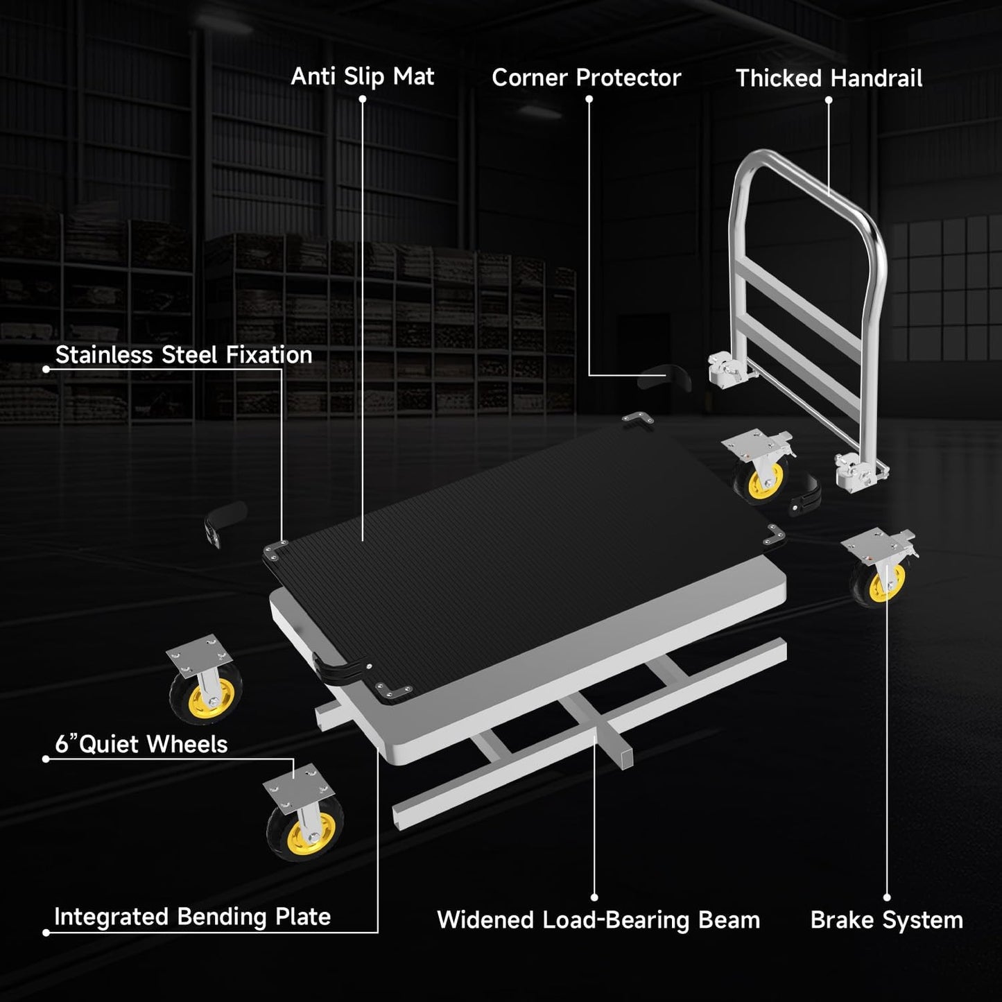 Heavy Duty Platform Truck, 2200 LBS Capacity with Reinforced Bottom Support, 2MM Thick Steel Flatbed with 6'' Swivel Brake Wheels, 36x24 Inch Foldable Push Cart Dolly
