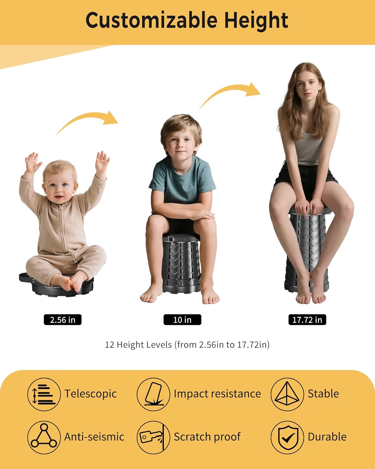 Upgraded Collapsible Stool with Detachable Cushion & Waterproof Bag - 400lbs Heavy Duty Portable Folding Stool for Adults, Telescoping Camping Seat with Carrying Straps for Fishing Hiking Travel BBQ