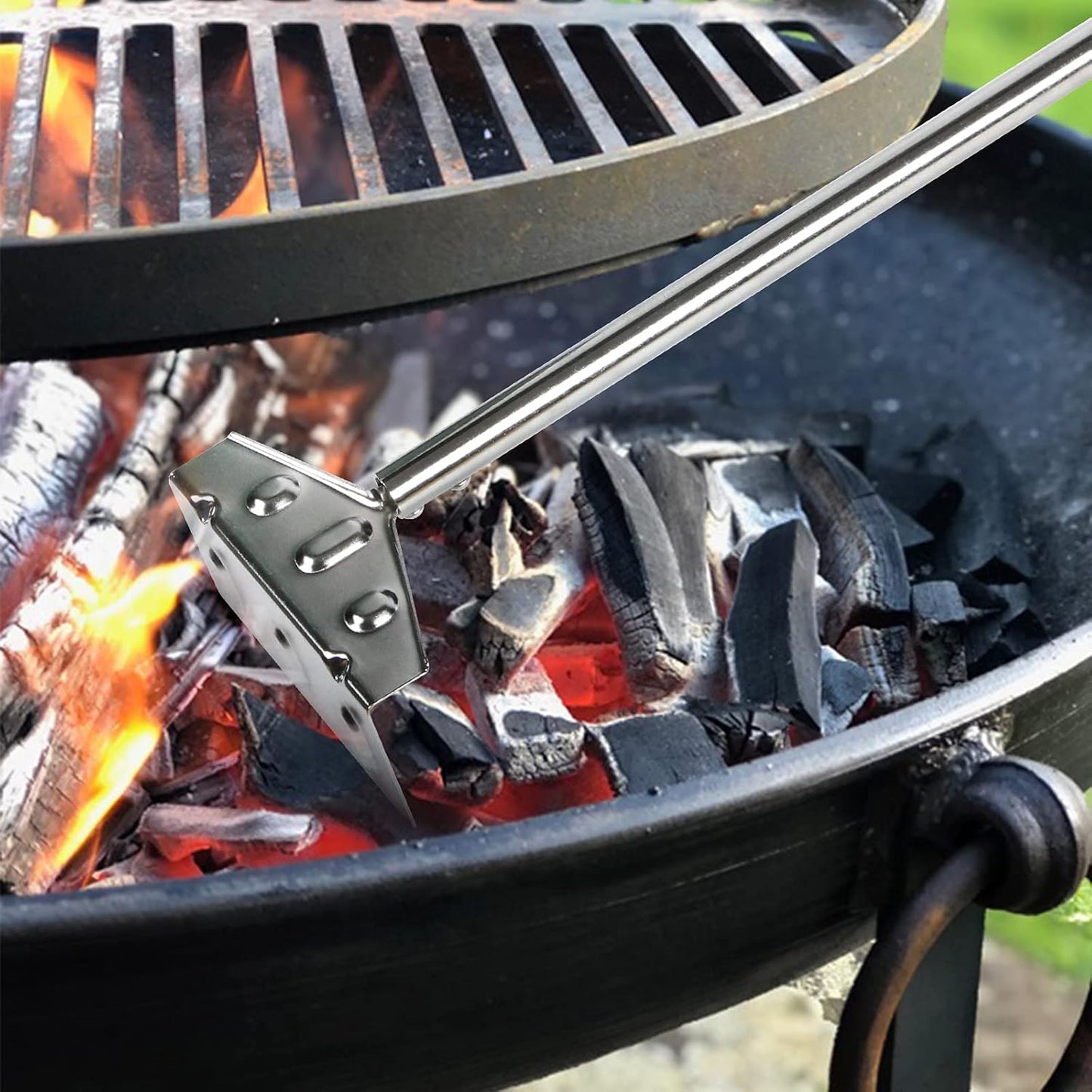 Heavy Duty Charcoal Grill Rake Ash Tool Accessories With Rubber Handle, Kettle Grill Pizza Oven Ash Rake - 32 Inch