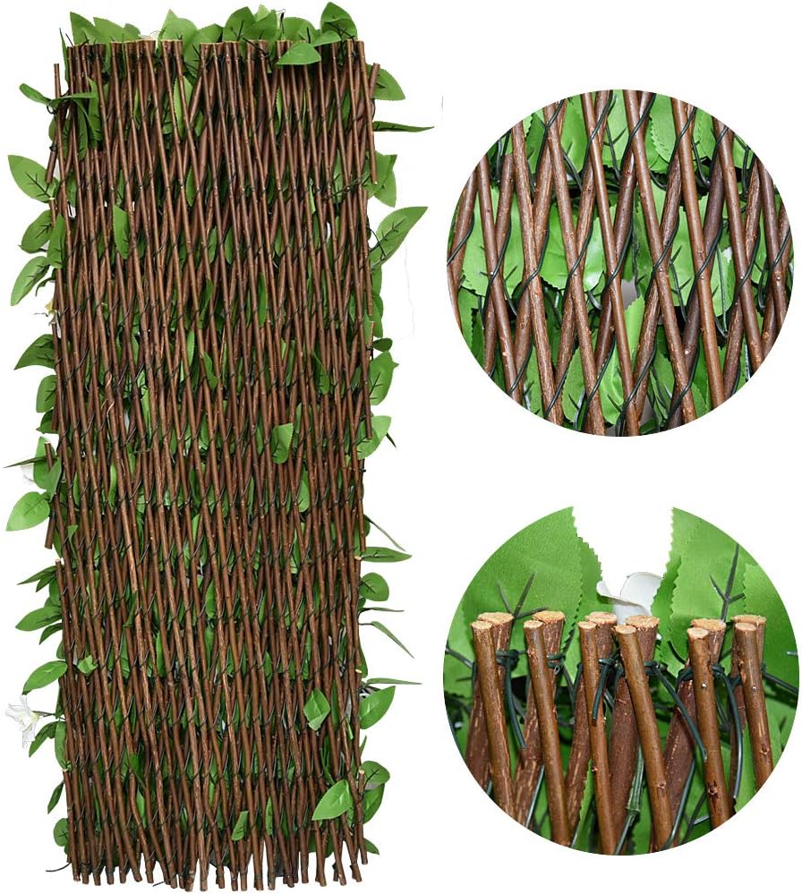 Expandable Faux Ivy Fence,Artificial Privacy Screen Decor for Outdoor Wall, Balcony and Patio, Single Sided Leaves (2,White Flower)