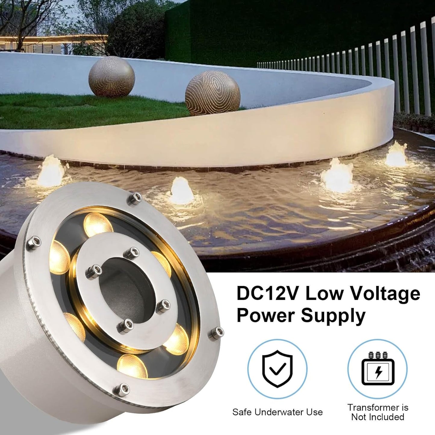 Fountain Light LED Underwater Pond Lights Warm White DC12V IP68 Waterproof Submersible Light for Garden Fountain Pond