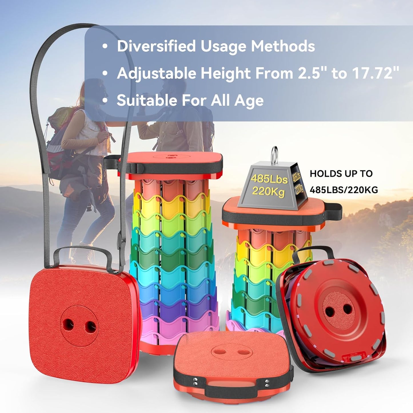 Upgraded Collapsible Stool, Portable Folding Stool, Telescoping Camping Chair with Max Load Capacity 485lbs, Square Retractable Stool for Camping Gardening Fishing Hiking BBQ [Rainbow+Red]