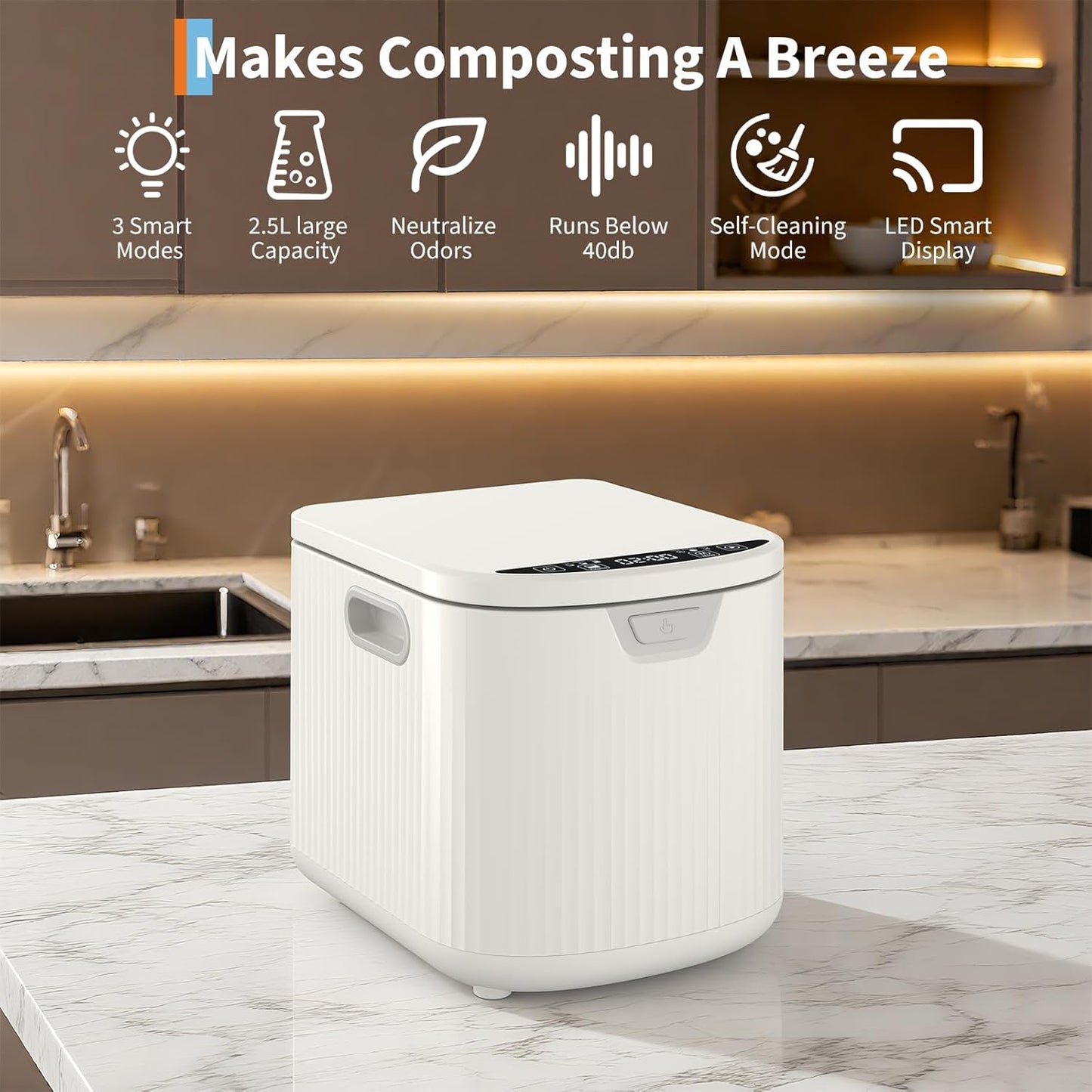 2.5L Electric Kitchen Composter Smart Odorless Compost Bin Auto-Cleaning Countertop Food Waste Composting Machine -Fast 4-6H Food Waste to Fertilizer Conversion for Outdoor Use (White