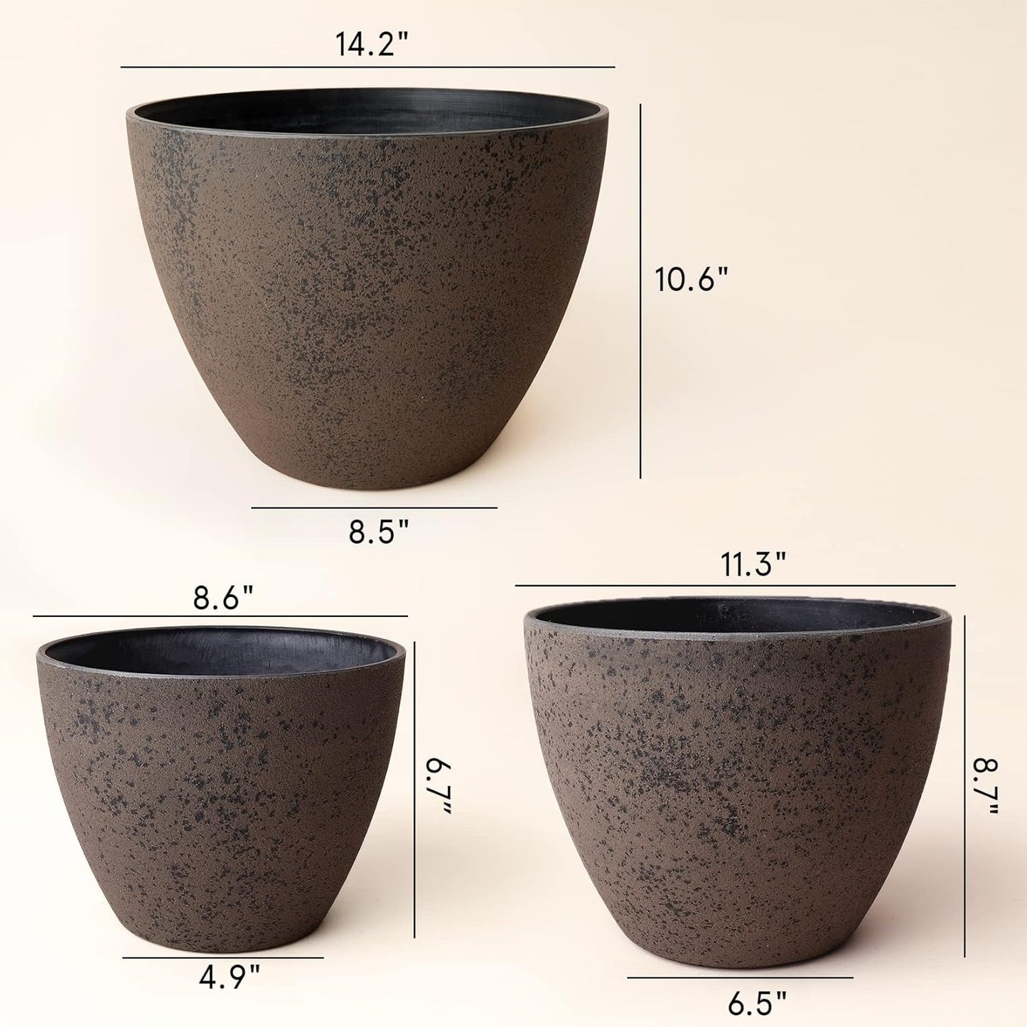 LA JOLIE MUSE 14.2/11.3/8.6 Inch Large Planters,Indoor/Outdoor Round Planters Set of 3,New Iron Plant Container with Drain Holes,Tree Flower Plant Pots for Patio and Deck