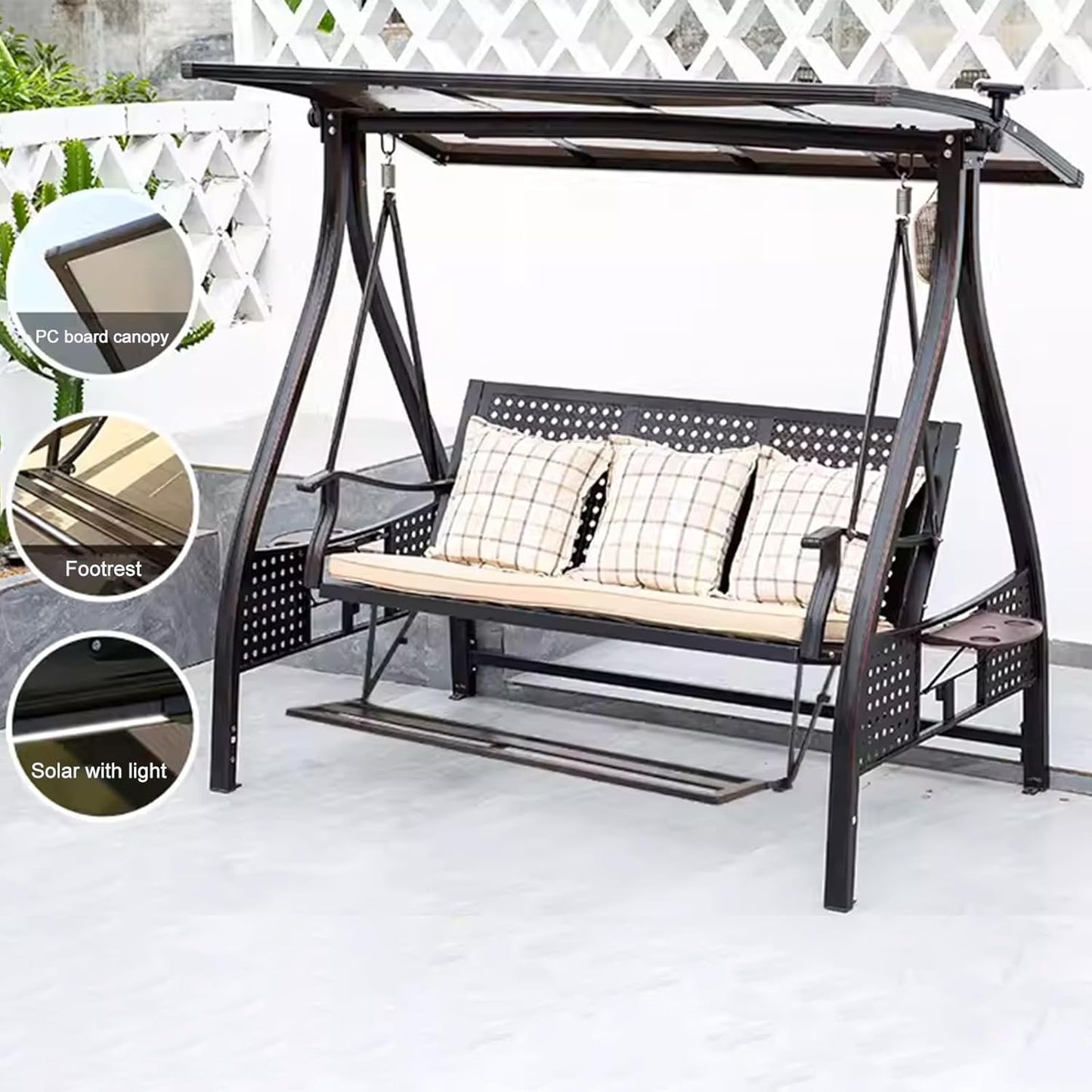 2/3-Seat Outdoor Patio Porch Swing with Adjustable Aluminum Alloy Canopy Solar Patio Swing Chair Bench with Footrest Side Cup Holder for Backyard Lawn (AEBS Red Copper - 3 Seat)