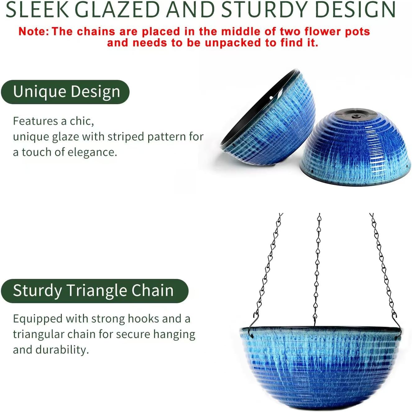 2 Pack Hanging Planters for Indoor Outdoor Plants, 10 Inch Hanging Planter with Drainage Hole & Plug Glazed Hanging Baskets Flower Pots for Garden Home (Blue Flow Glaze)