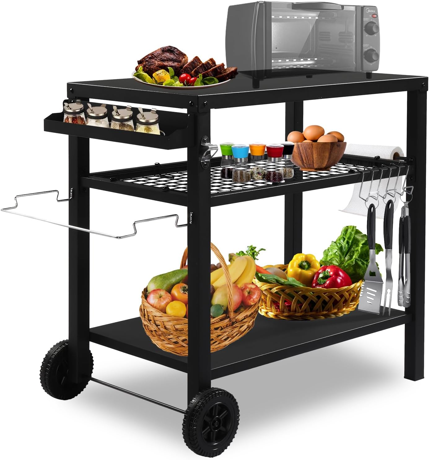 Outvita Outdoor Grill Cart, Movable Food Prep and Work Cart Table, Pizza Oven Stand Table with Wheels, Indoor & Outdoor Multifunctiona BBQ Cart with Mesh Racks for Home Party Camping