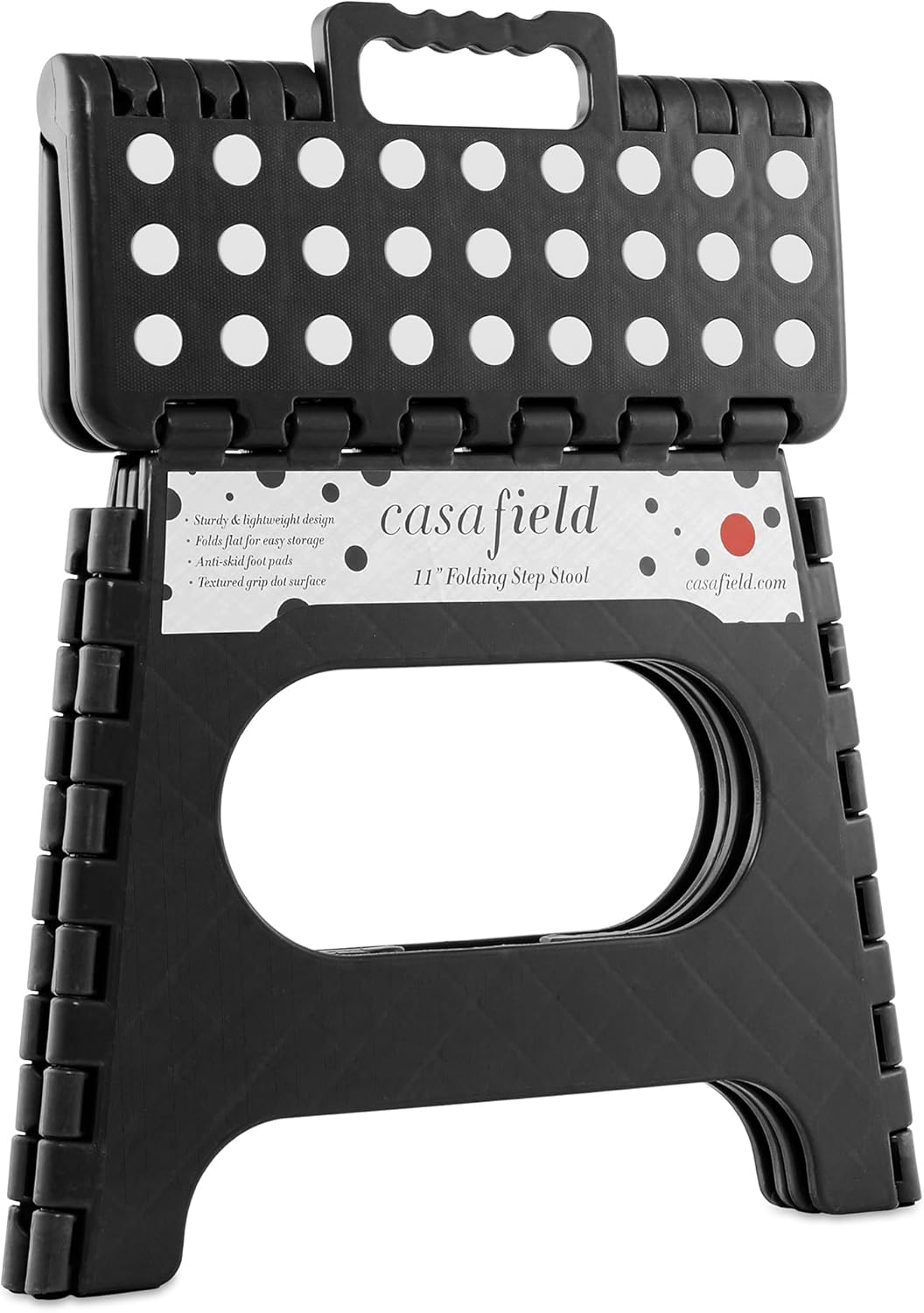 Casafield 11" Folding Step Stool with Handle, Black - Portable Collapsible Small Plastic Foot Stool for Kids and Adults - Use in The Kitchen, Bathroom and Bedroom