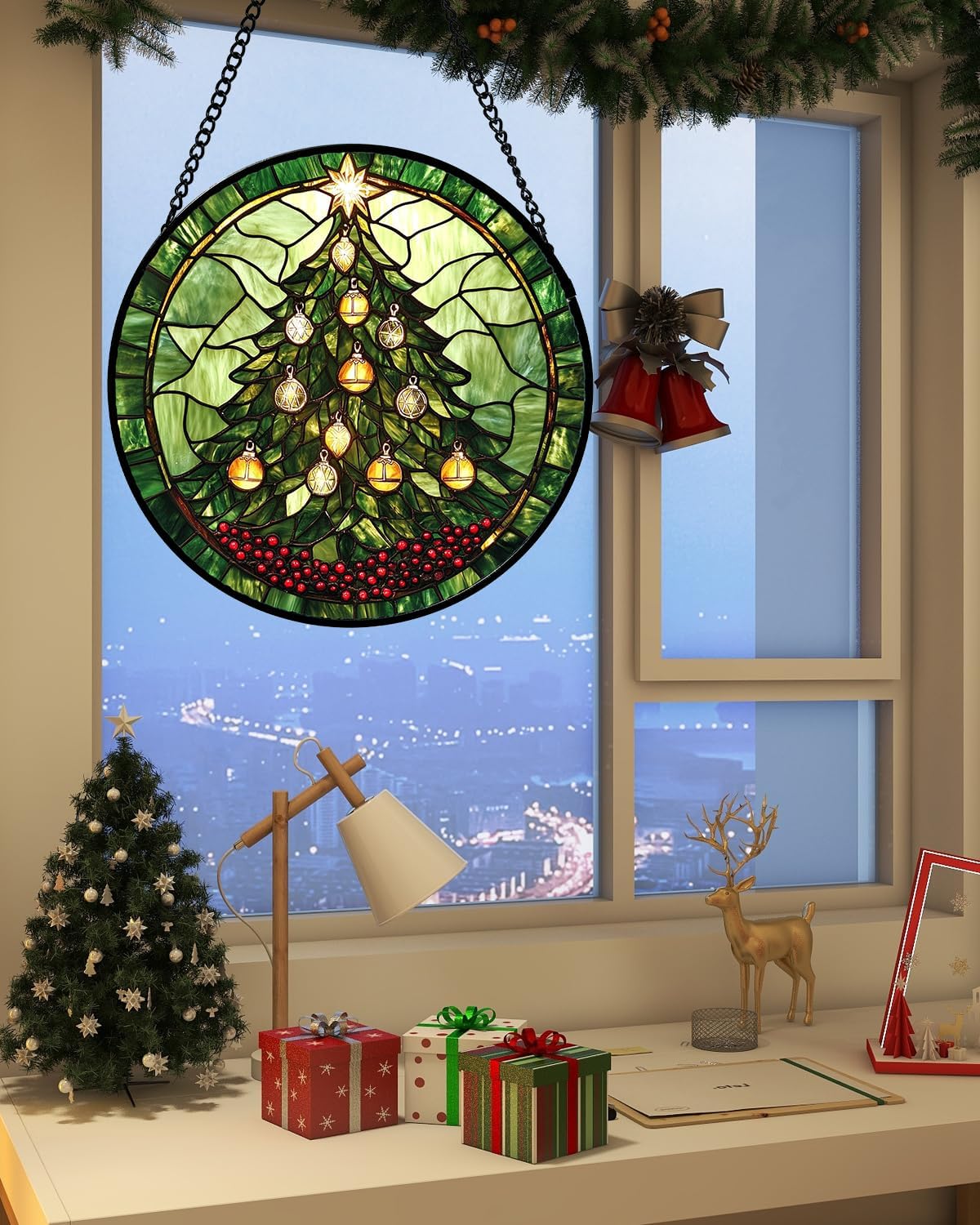Stained Glass Window Hanging - Green Christmas Tree Golden Bells Suncatcher for Doors Home Christmas Decoration Sun Catcher Thanksgiving New Year Birthday Gift for Women Men Mom Nana 6.3 in