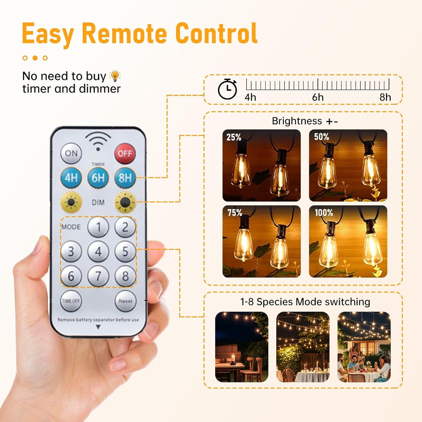 Solar String Lights Outdoor Waterproof, 100FT Solar Powered Outdoor Lights with Remote, 52 Shatterproof with Edison Bulbs, LED String SolarLights for Garden, Backyard, Parties