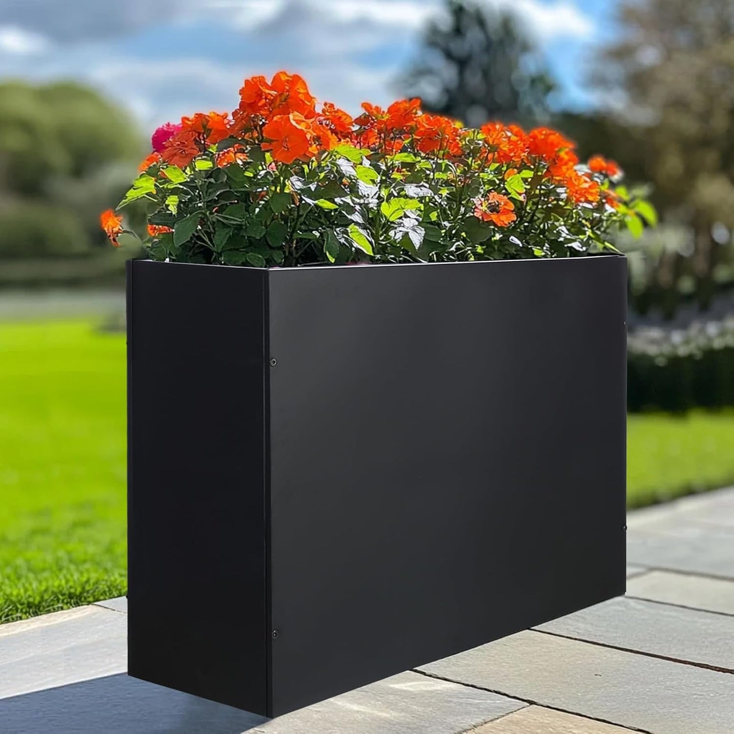 Metal Rectangular Planter Box Tall Planters for Outdoor Plants Modern Heavy Duty with Drainage Holes for Outside Indoor Patio Deck - Black, 32”x 12”x 24”