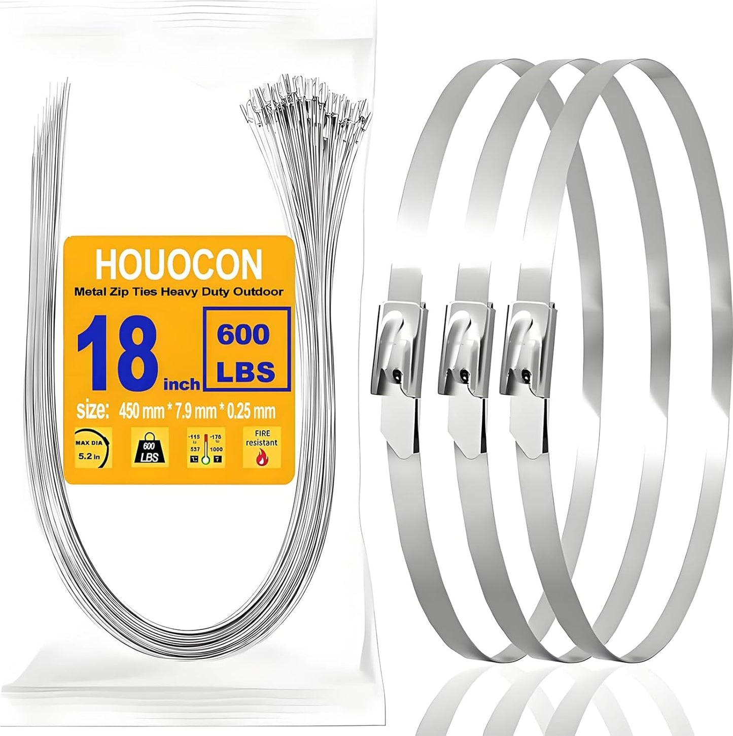 Wide Metal Zip Ties Heavy Duty Outdoor, 80 Pcs 600 Lbs 18 Inch Stainless Steel Zip Ties, Self-Locking Metal Cable Ties, Strength, Ideal for Exhaust Wrap, Cables, Farms, Pipes, Roofs, and Fence