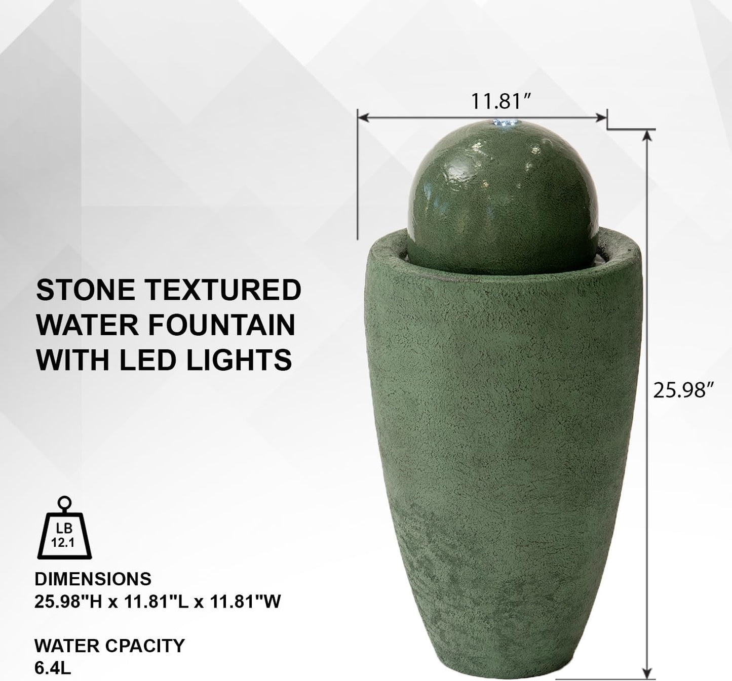 XBrand 25.98" H Round Stone Indoor/Outdoor Modern Stone Textured Sphere Water Fountain w/LED Lights, Green