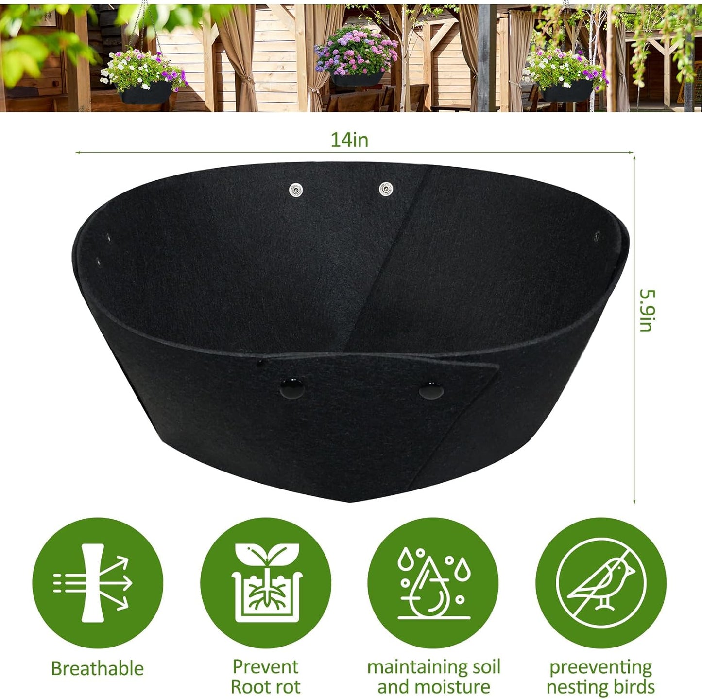 14Inch Round Fabric Planter Liners (4pcs), Felt Flower Pot Liners for Hanging Baskets, Planter Liner for Garden Flower Vegetables Plant Indoor/Outdoor (Black)
