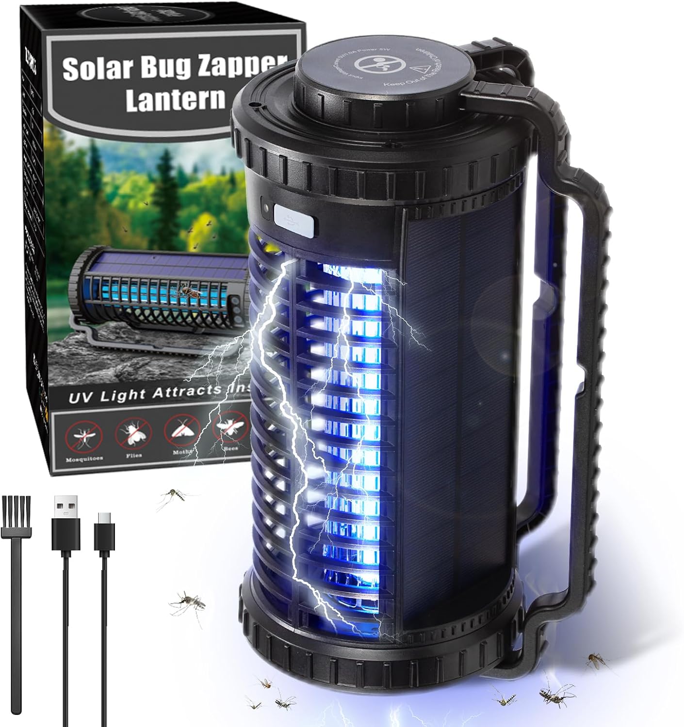Portable Solar Powered Bug Zapper, 3 Mode (Sensor Auto/UV Light/LED) Mosquito Zapper with 4000mAh Battery, Portable Waterproof Rechargeable Fly Trap for Indoor Outdoor, Home, Patio (Black)