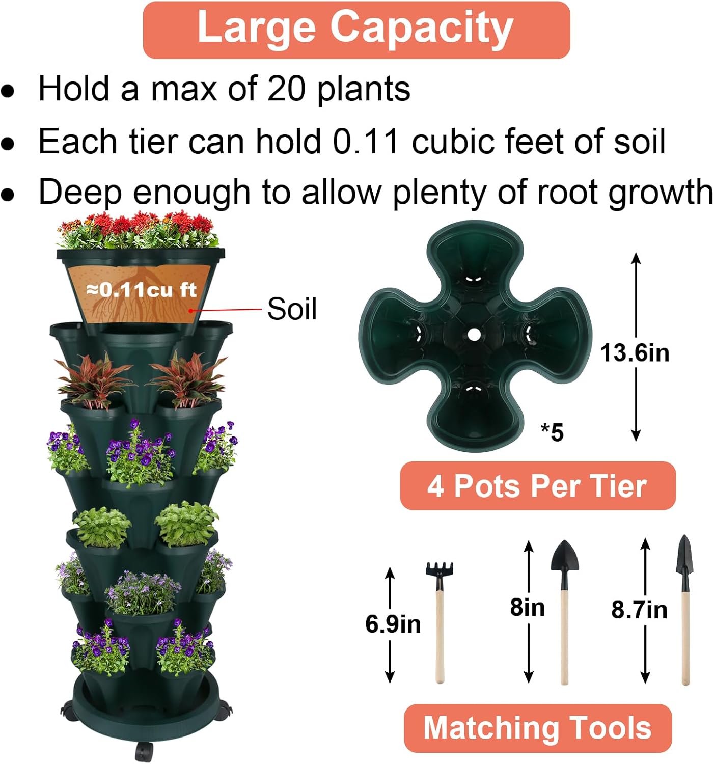 Vertical Planter 7 Tier Stackable Planters Garden Planters Strawberry Herb Flower and Vegetable Planter Indoor Outdoor Gardening Pots with Removable Wheels and Tools