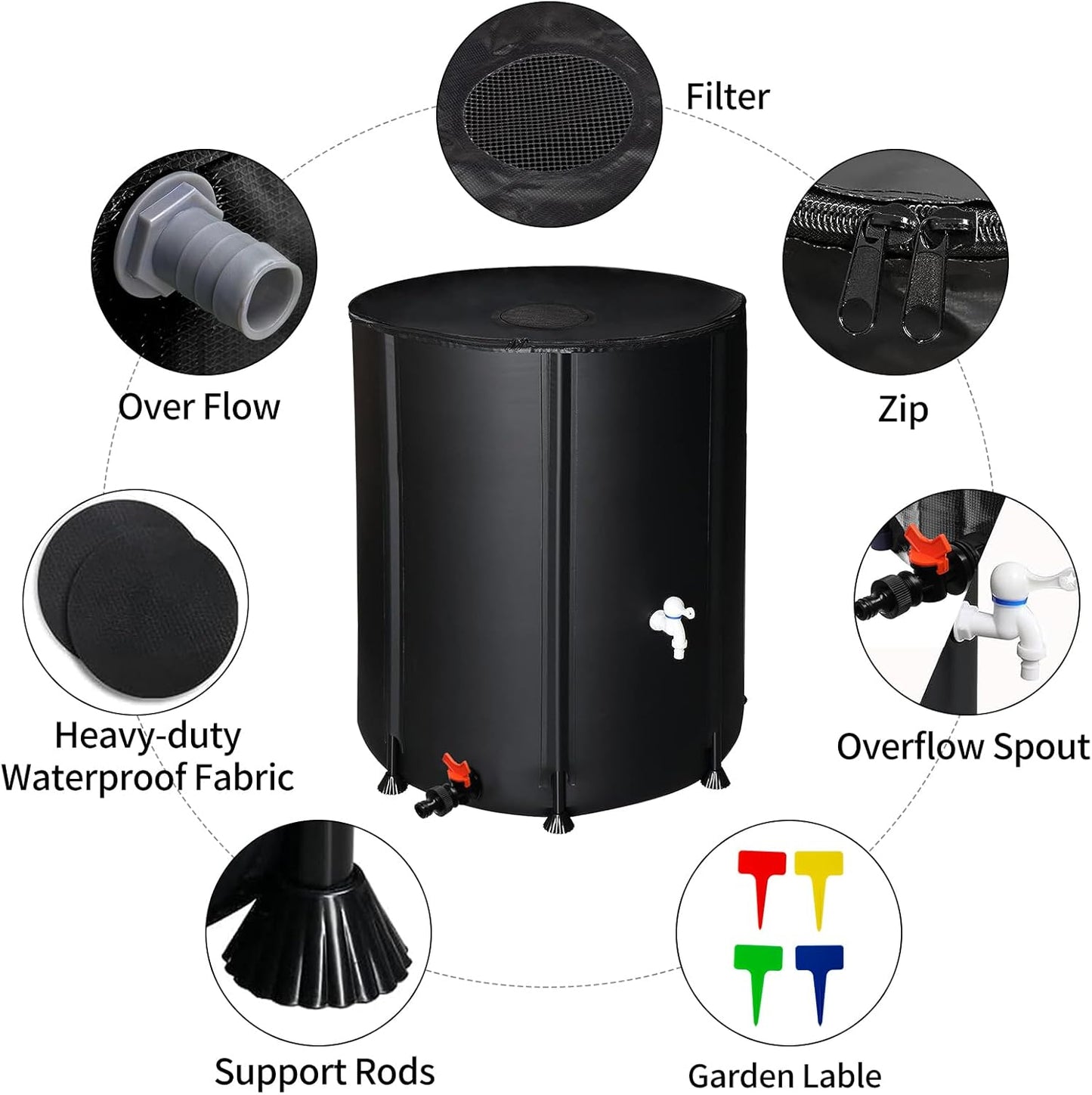 132 Gallon Collapsible Rain Barrel, Water Storage Tank, Portable Rainwater Collection System, Rain Catcher Barrel with Two Spigots and Overflow Kit, Rain Water Barrel Collector for Garden, Black