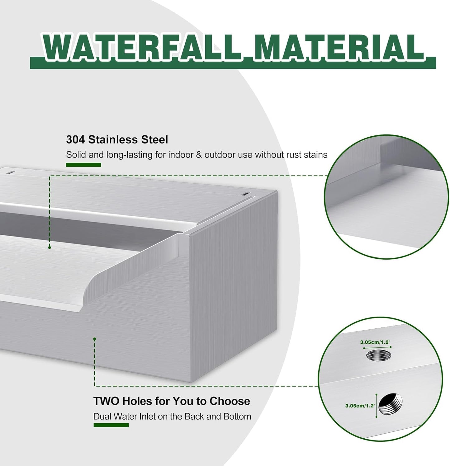 Waterfall Pool Fountain LONGRUNNEW 304 Stainless Steel 9.06" Rectangular Waterfall Spillway, Water Fall Fountain with Pipe Connector for Garden Outdoor, Swimming Pools, Fountains, Pond and Spa