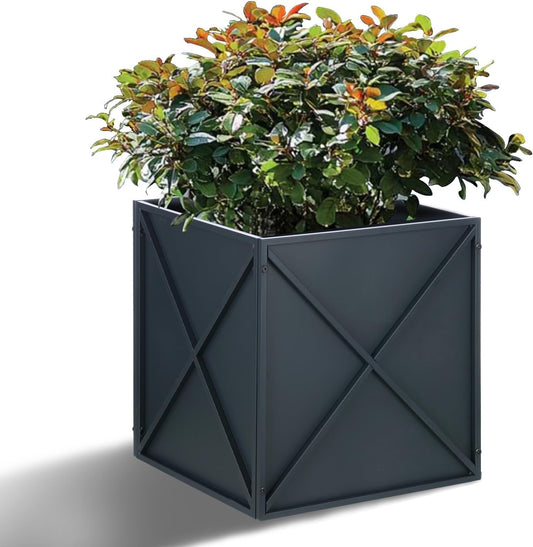 BAYN Metal Square Planter Box Tall Planters for Outdoor Plants Modern Heavy Duty with Drainage Holes for Outside Indoor Patio Deck - Grey, 17”x 17”x 18”