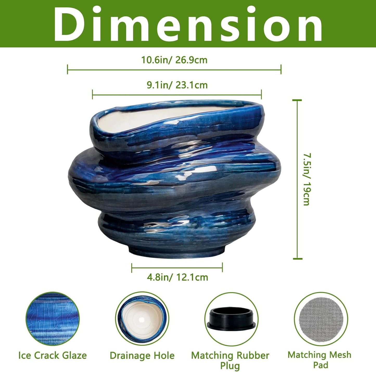 Ceramic Pots for Plants - 11 Inch Ceramic Planter with Drainage Hole, Decorative Planters for Indoor Outdoor, Unique Flower Pots, Garden Office House Decor, Birthday Housewarming Gifts, Blue