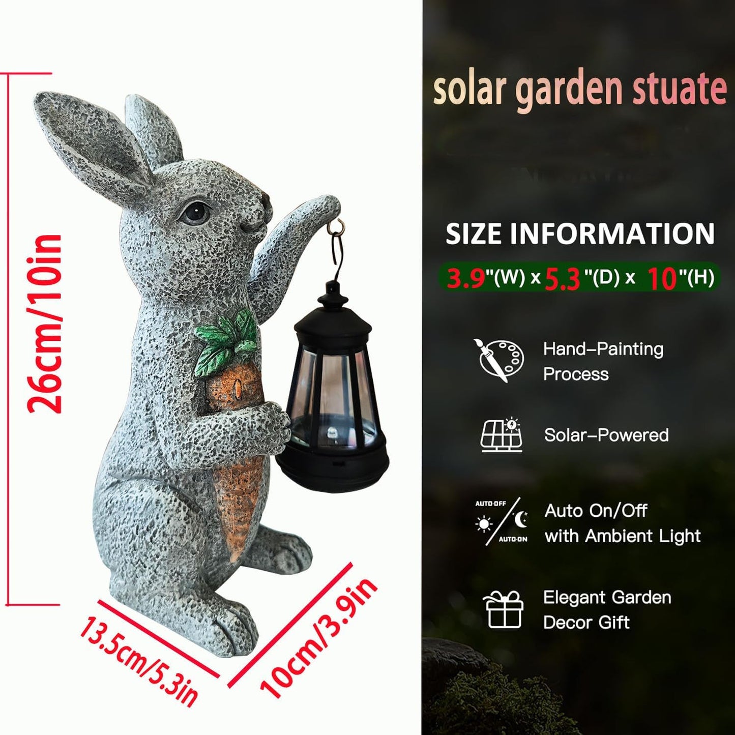 Garden Statues Rabbit Solar Lantern Outdoor Handmade Resin Statue Bunny with Cute Carrot for Patio, Yard,Mother's Day Gift Ideas (rabbit1)
