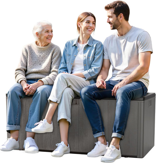 120 Gallon Resin Deck Box, Double Layer Waterproof & Outdoor Indoor Lockable Storage Box for Patio Furniture Cushions Garden Tools (Brown)