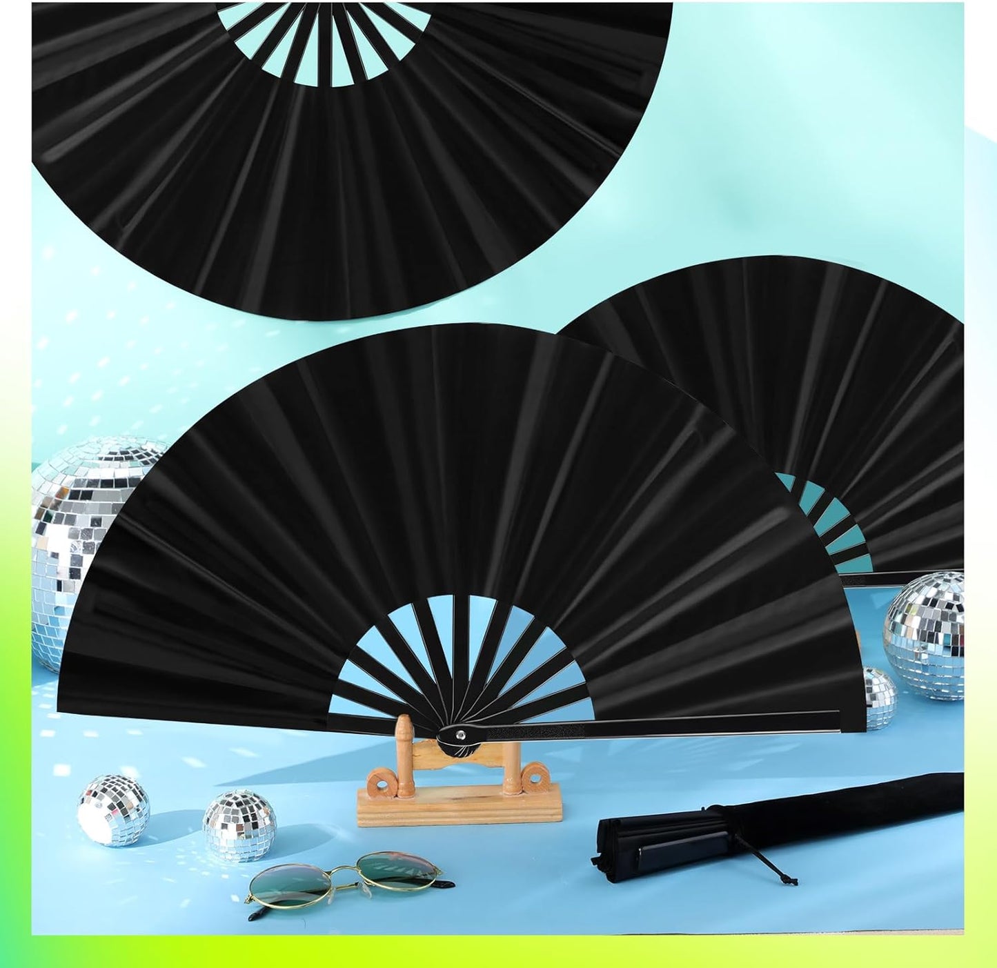 Blulu 4 Pcs 11 Inch Large Folding Hand Fans for Line Dancing Clapping Popping Rave Fans for Kids Women Men for Dancing Boots on The Ground Festival Party Decoration(Classic Style, Black)